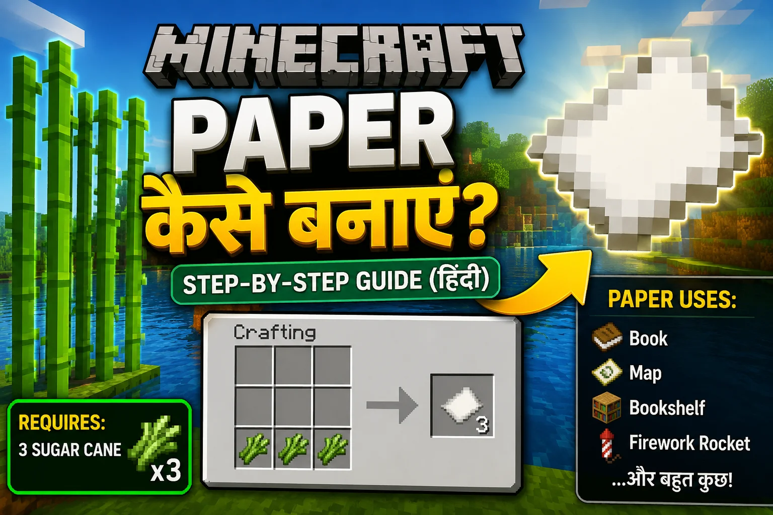 Minecraft में Paper कैसे बनाएं? 3 Sugar Cane से Paper बनाने की Crafting Recipe और Uses